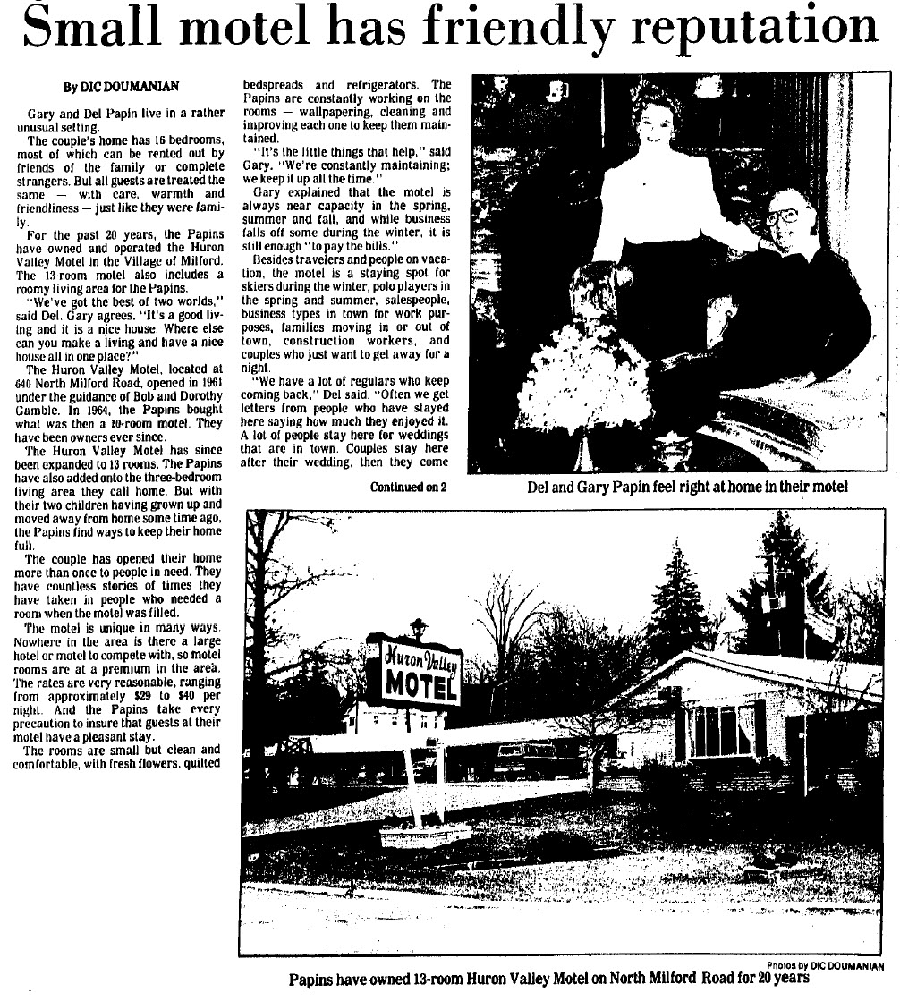 Huron Valley Motel - 1984 Article About Owners (newer photo)